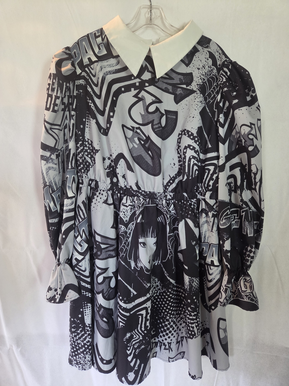 Dark Kawaii Style Anime Black & White Graphic Collared Long-Sleeve Dress